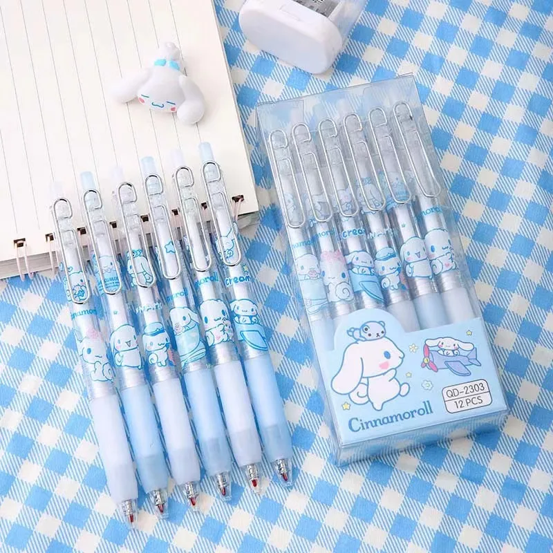 12pcs Children Cartoon Gel Pen Kawaii Hello Kitty  Cinnamoroll Kuromi Melody Stationery 0.5mm Black With Metal Hook Office Write