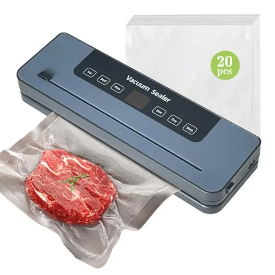食品用真空シーラー コンパクトフードセーバーマシン 65kPa吸引 ワンタッチ操作 内蔵カッター 真空バッグ20枚付属