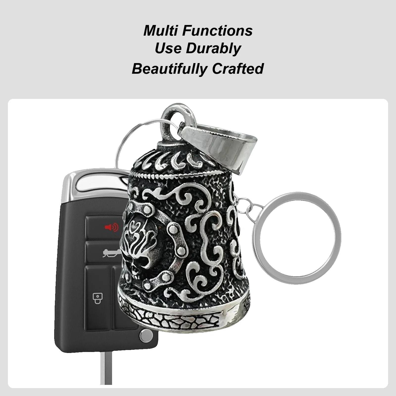 Men Motorcycle Riding Bell 3D Flame Skull Stainless Steel Motorcycle Bell Vintage Handmade Biker Ornament Rider Key Chain Bell