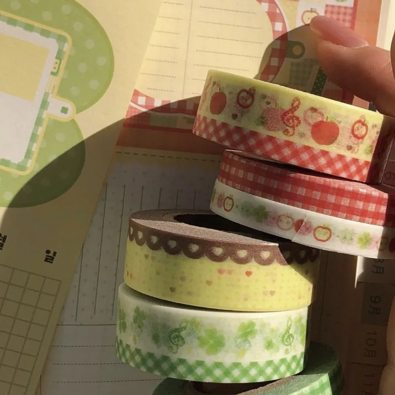 2 Rolls Kawaii Japanese Retro Cartoon Washi Tape Cute Apple Four-leaf Clover DIY Decorative Tape for Girls' Scrapbook & Journal