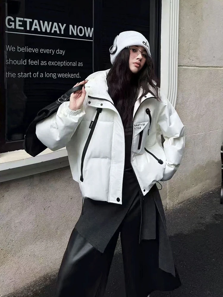 

Winter Hooded Short Letter Print Down Jacket Women White Duck Down Warm Zipper Parker Outwears Female Loose Thicken Solid Jacket