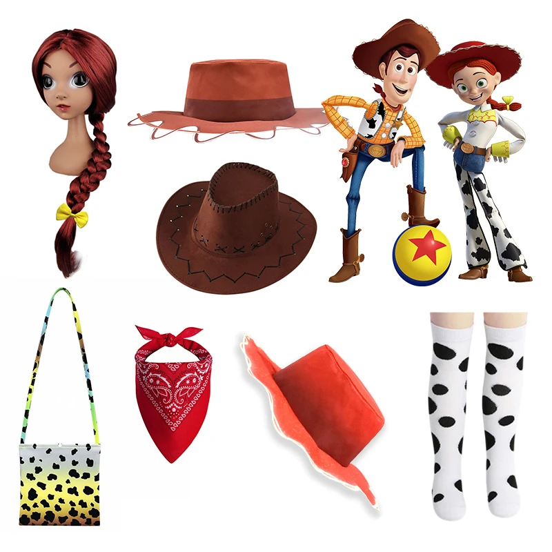 

Kids Jessie Inspired Toy Story Cowboy Costume Accessories Collection Hats Wig Bandana For Halloween Birthday Party Role Play