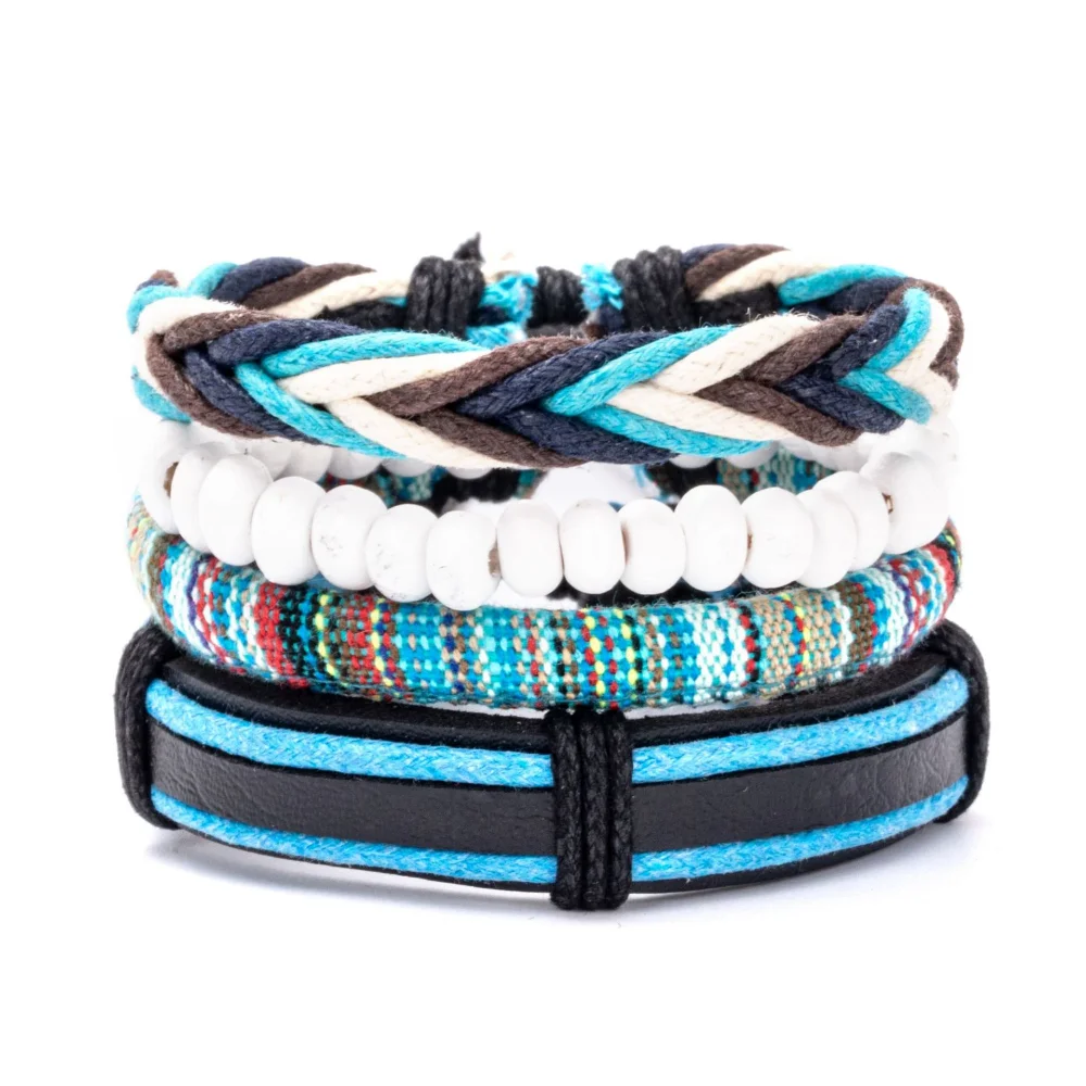 4Pcs/ Set Braided Wrap Leather Bracelet for Men Vintage Life Tree Rudder Charm Wood Bead Ethnic Tribal Wristband Rope Bracelet image 5