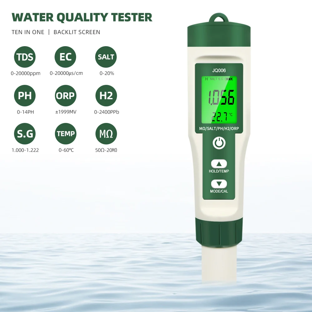 

10 in 1 Digital PH/TDS/EC/SALT/TEMP/S.G/ORP/H2/Fertile/Resistivity Meter