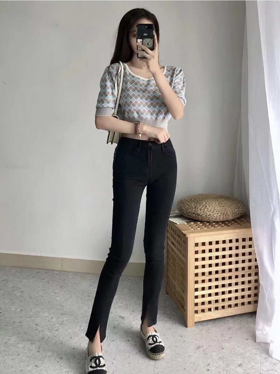 Slim Fit High Waist Stretchy Black Nine-Piece Women's Jeans Spring Autumn New Style Front Slit Butt Lifting Cotton Denim