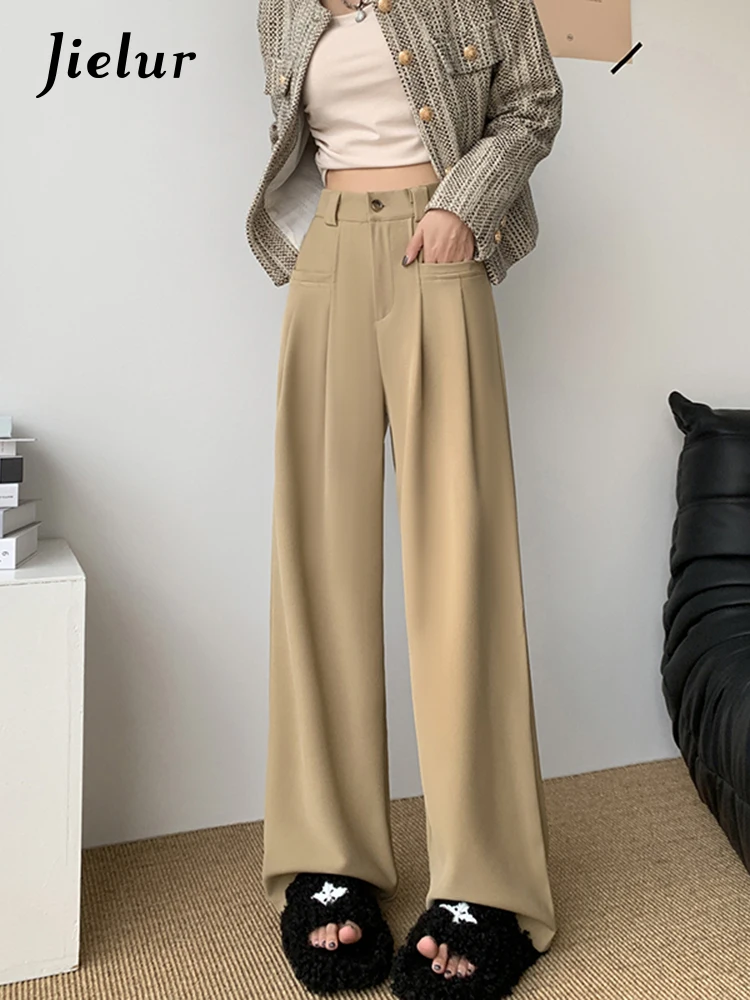 

Jielur Women Wide Leg Pants Spring Korean New High Waist Casual Suit Pants Female Straight Office Lady Work Khaki Beige Trousers