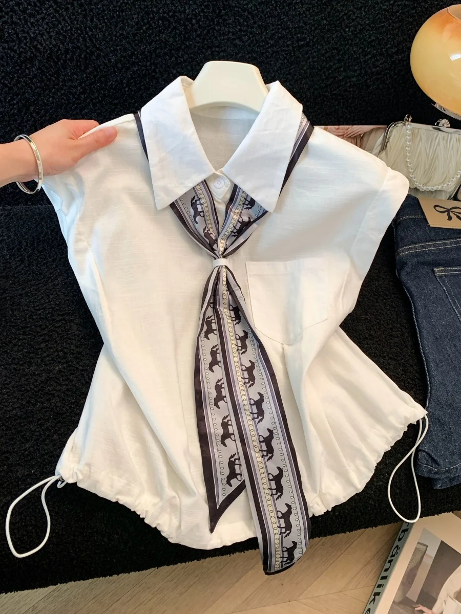 

Korean Style White Collar Sleeveless Silk Scarf Shirt Women's Summer New Design Fashion Short Shirt Top Versatile All Match