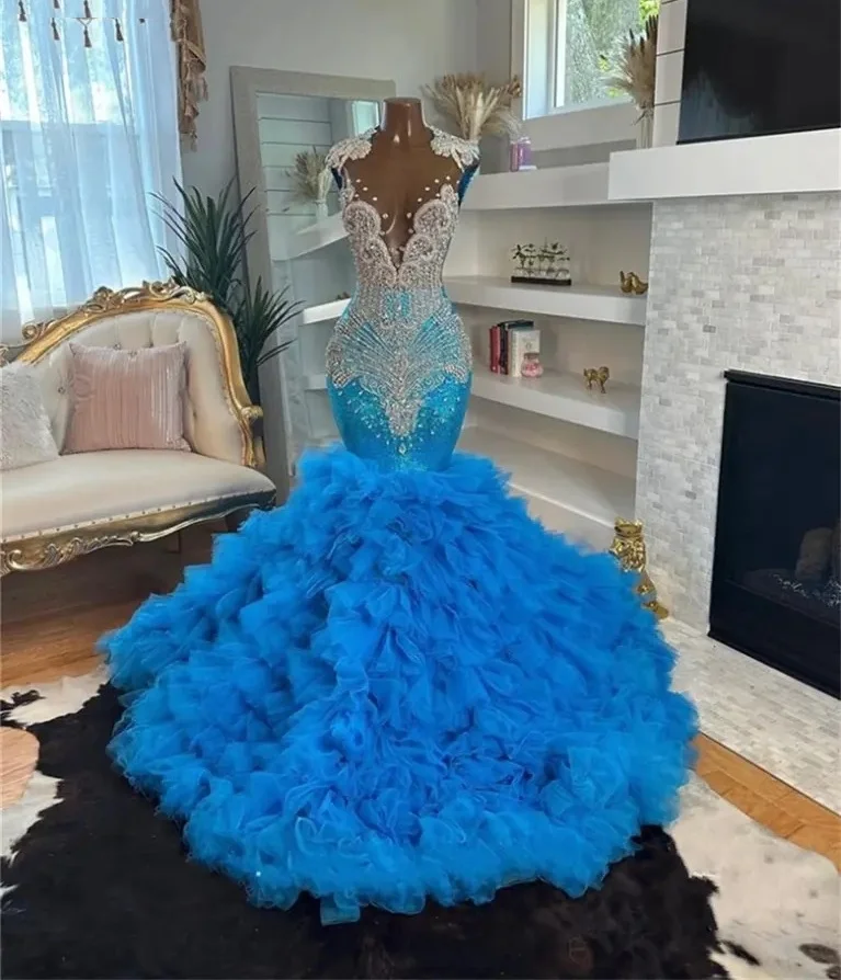 

Ligh Blue Prom Dresses Black Girl 2024 Luxury Mermaid Sparkly Beaded Diamond Ruffles Women Formal Evening Gala Party Gown