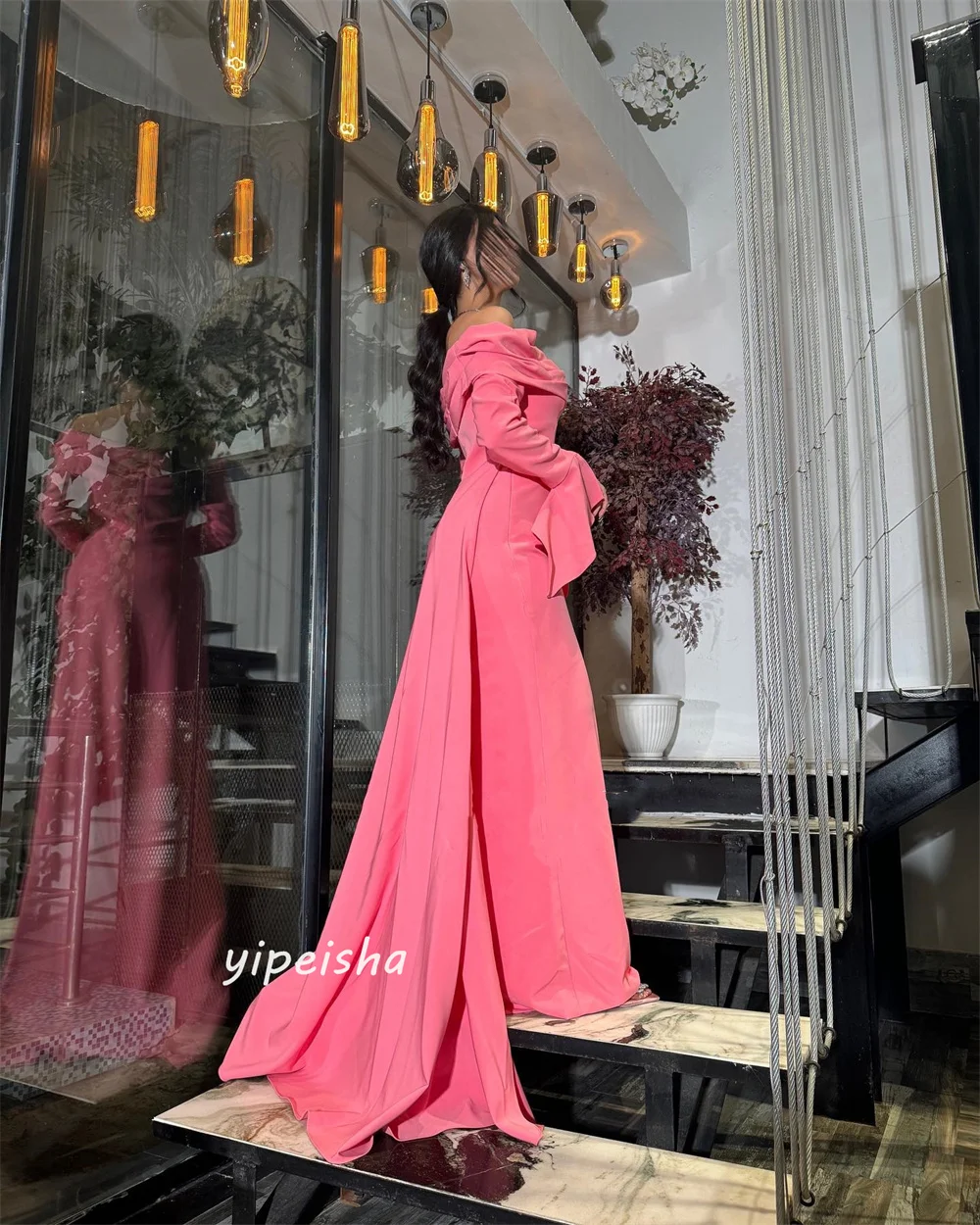 Vestido largo con hombros descubiertos para graduación, traje plisado drapeado con volantes de Jersey, a medida