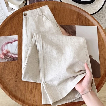 여성용 코튼 및 리넨 스트레이트 와이드 레그 팬츠, 얇은 2024 하이 웨이스트 슬림 루즈 드레이프 리넨 캐주얼 바지, 여름 신상 