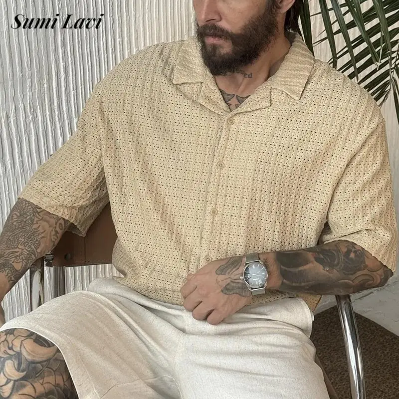 Vintage Herren-Strickjacke mit Aushöhlungen, Einfarbig, Sommerliche Freizeitkleidung, Atmungsaktiv, Kurzarm, Stilvoller Umlegekragen