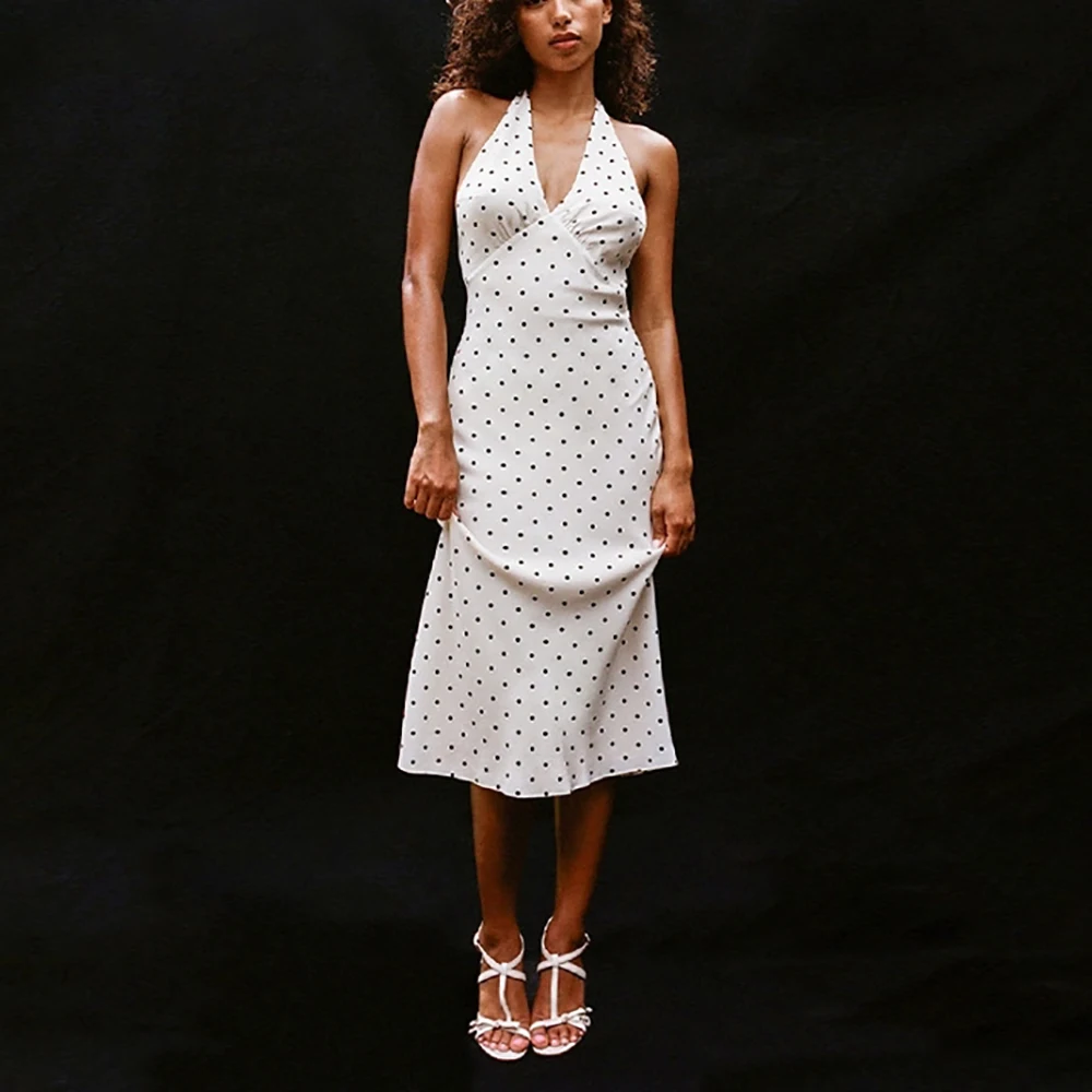 

Women's Polka Dot Silk Dress, Vintage Fashion, Sexy Backless, Lace Up Neck, Long Dress, New, Summer, 2024, Y2k