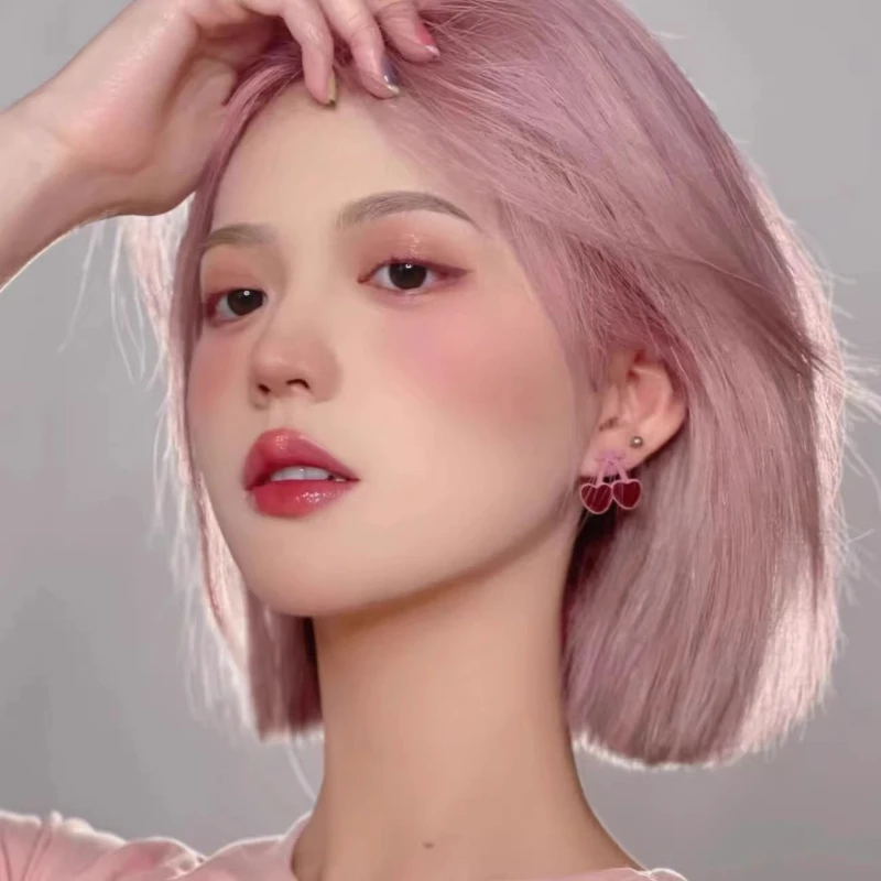 Front lace wig female full real hair pink purple Bobo head shoulder length perm dye hood