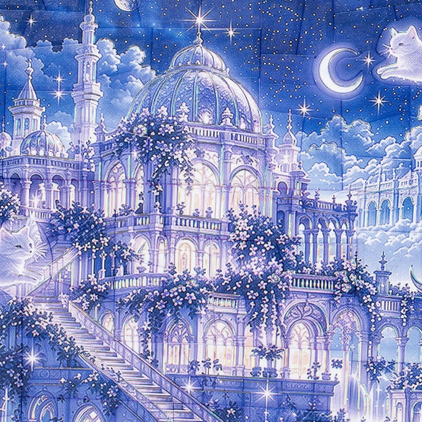 Dream Starry Castle Laser Silver 3D Scene Stickers, Large-Collage Magical Exotic Night Scene, Complex & Beautiful Pattern