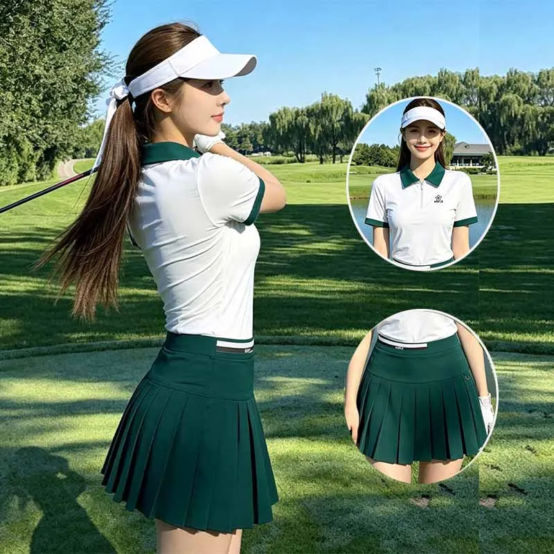 Niefle Golf Women Slim Polo Shirt Quick-dry Breathable Short-sleeved Top Tennis Pleated Skirt Tennis Badminton Skorts with Short