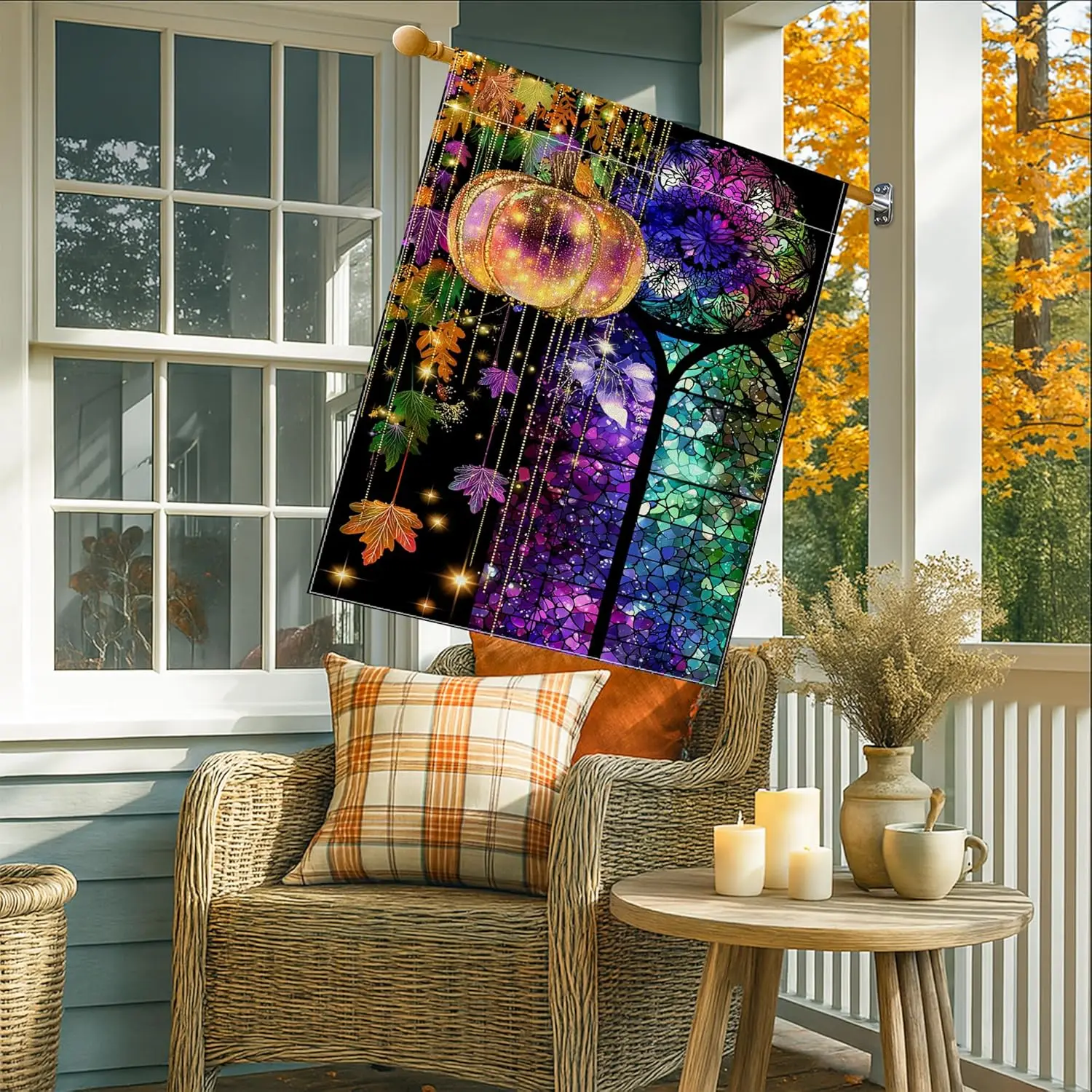 Autumn Harvest Pumpkin Garden Flag, Colorful Stained Glass Decor Banner, Double Sided Polyester Yard Flag for Halloween Than UUX