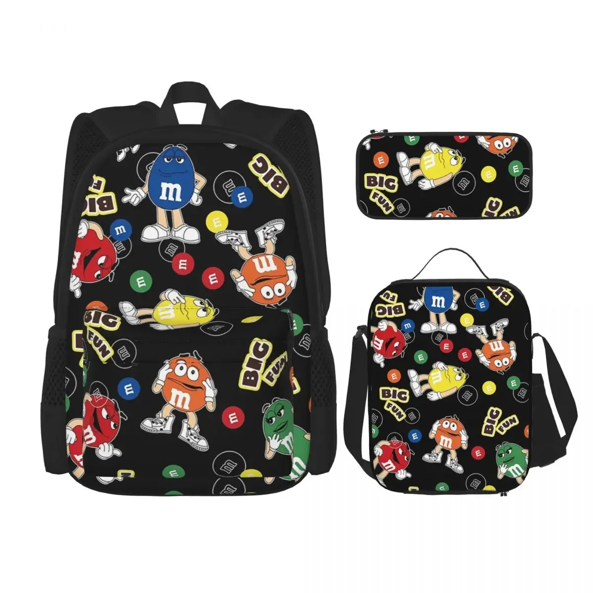 M And M Candy Character Baby Backpacks Boys Girls Bookbag Students School Bags Kids Rucksack Lunch Bag Pen Bag Three-Piece Set