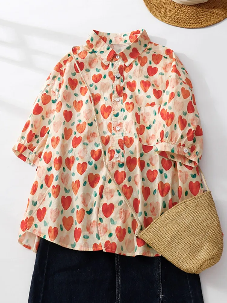 Sweet Sle コットン irt レディース 夏 ルーズ カジュアル ラブ ハート プリント スリミング トップ 女性用 ファッション お腹カバー スイート トップ