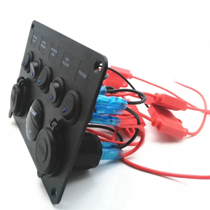 Boat Switch Panel Car Switch Panel Multi-Functions Panel Dual USB Port Outlet Combination Switch Panel Marine LED Rocker Red