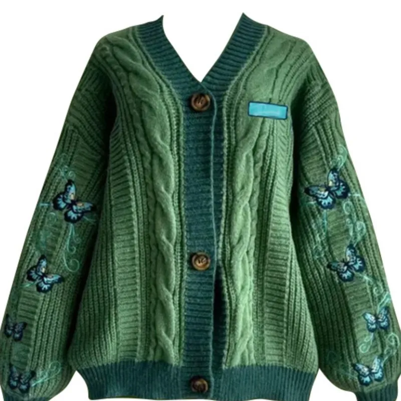 2024 New British Retro Autumn And Winter V-neck Butterfly Embroidered Cardigan Green Loose Casual Sweater Knitted Top For Women