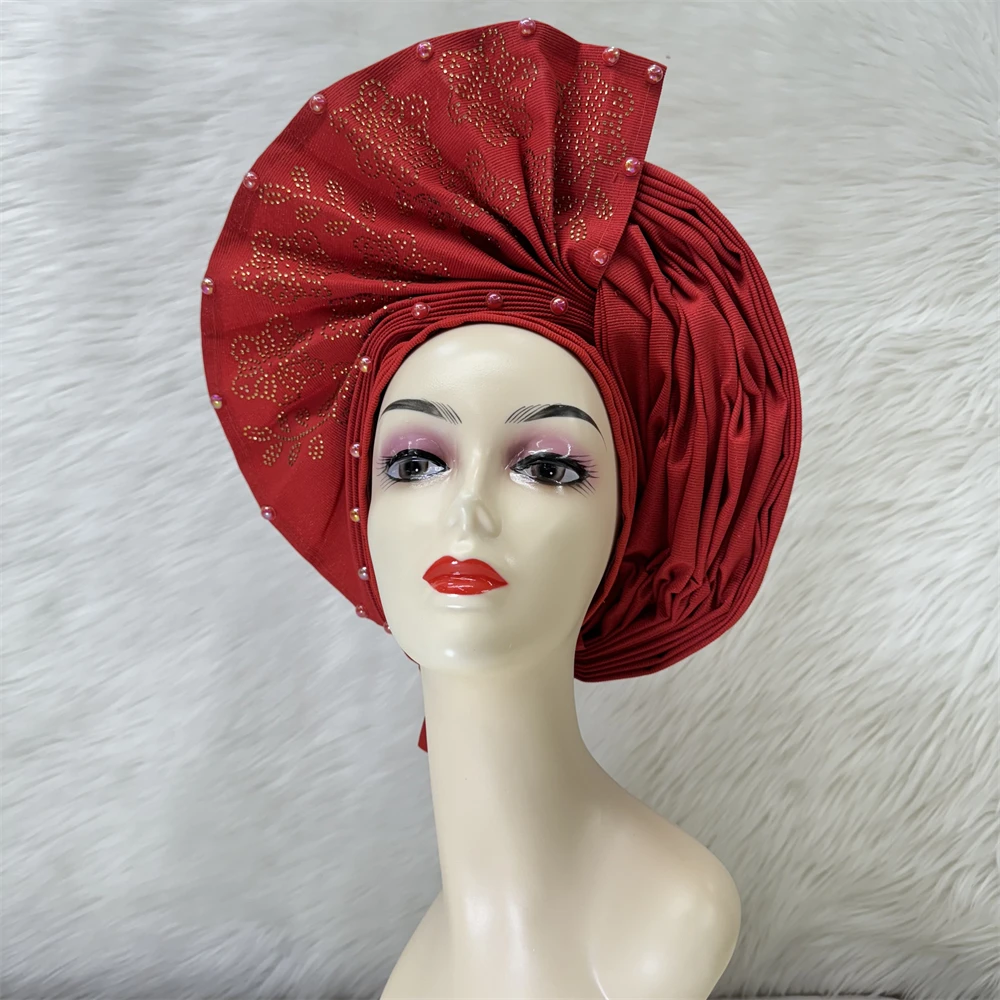 Fashion Pure Color Nigerian Gele Headtie Aso Oke Gele Already Made Auto Gele Aso African Turban Cap With Beads For Party 1Piece