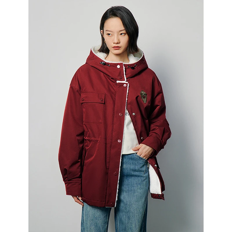 Toyouth Women Thick Coat 2023 Winter Long Sleeve Loose Hooded Jacket Academy Style Badge Fashion Warm Versatile Wine Red Tops