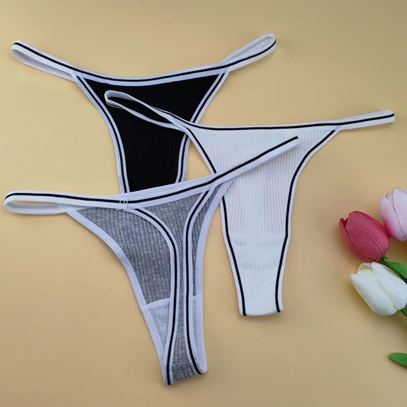 Stretch Thin-belt Solid Thong 100% Cotton Breathable G-String Sexy Low Waist T-back Panties Seamless Lifting Hips Underwear 3PCS