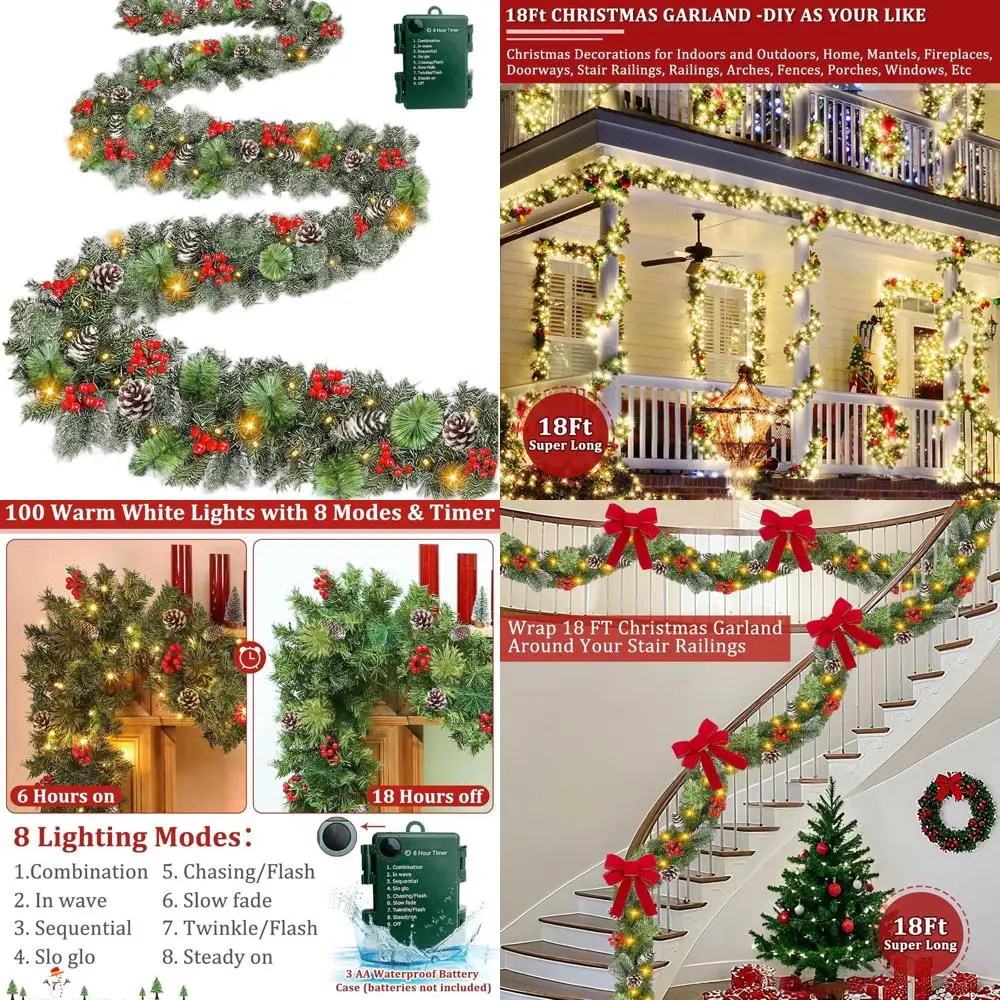 

Battery-Powered 18ft x 10in Outdoor Christmas Garland with 100 Lights, 460 Branches, 15 Pinecones, and 165 Berries for Stairs, P