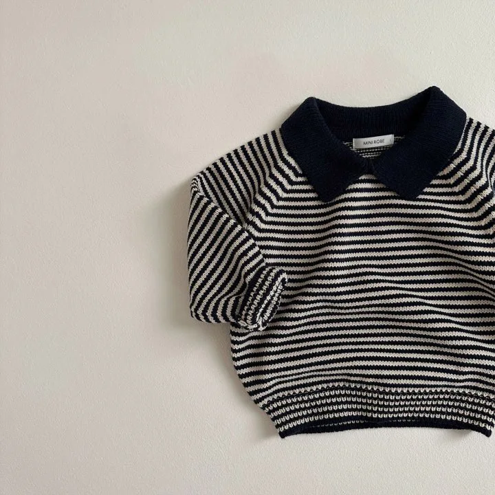 2024 Autumn New Children Long Sleeve Knit Sweater Kids Boys Girls Vintage Striped Lapel Sweater Cotton Baby Casual Polo Shirts