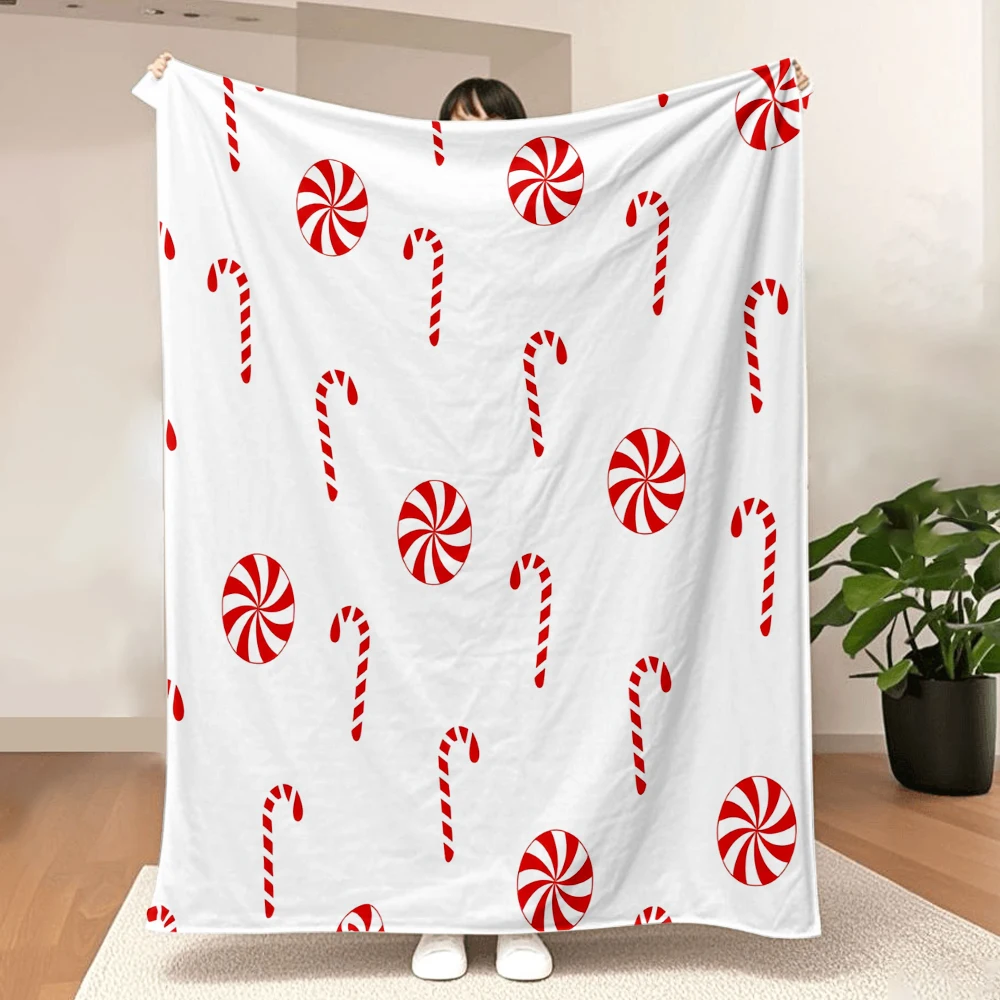 1PC Christmas Candy Cane Print Blanket — Made of soft, fluffy flannel, perfect for a sofa, bed, or lounge chair. Ideal for Chris