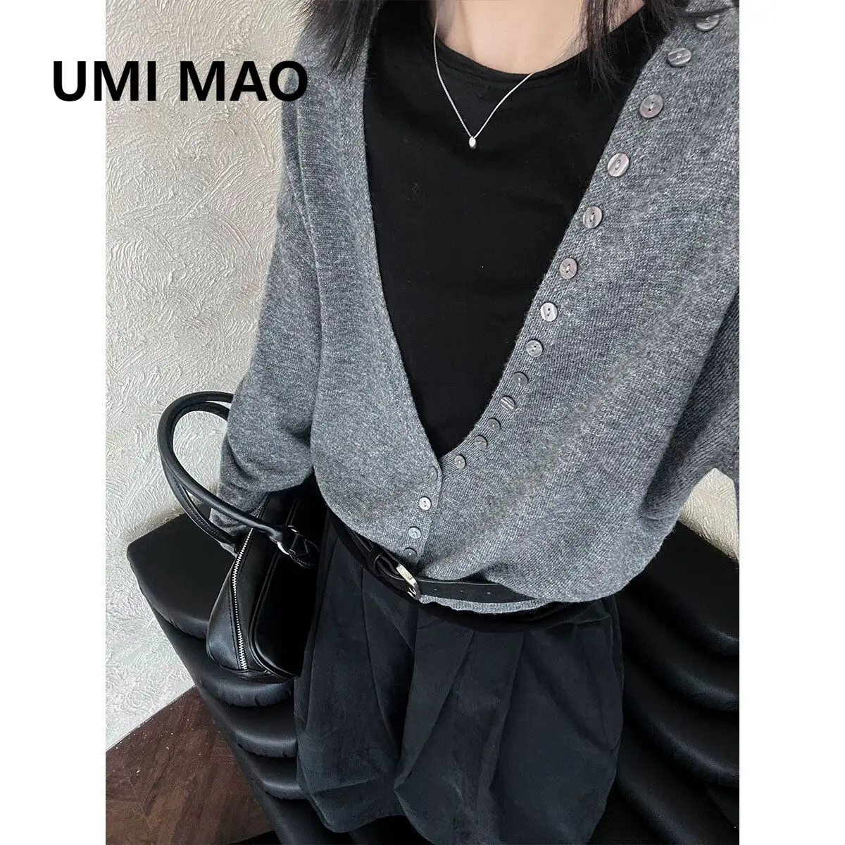 

UMI MAO Korean Style Unique Design Button Wool Knit Sweater + Vest For Women Autumn New Layered Loose Top