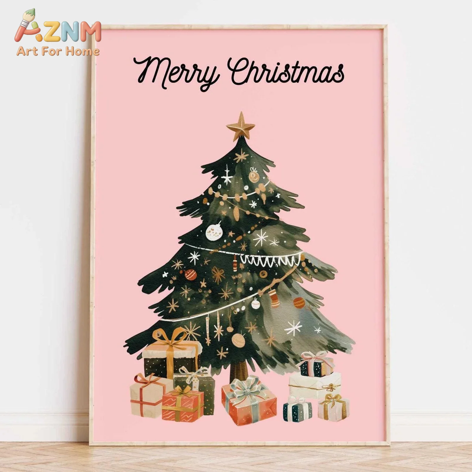AZNM Frameless Canvas Wall Art, Watercolor Christmas Tree Gift Nutcracker Print, Merry Christmas Season Greetings Holiday Typogr