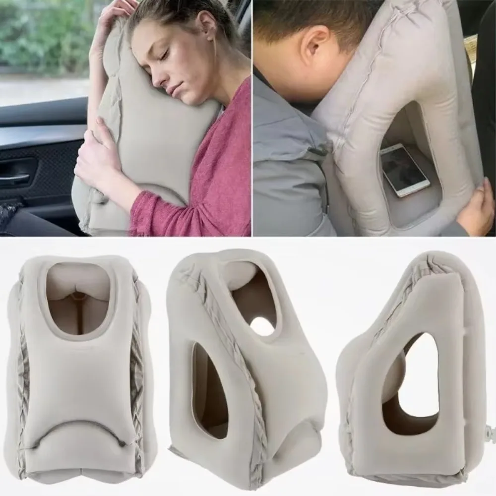 Upgraded Inflatable Air Cushion Travel Pillow Neck Headrest Chin Support Cushion for Airplane Car Office Rest Sleeping Nap