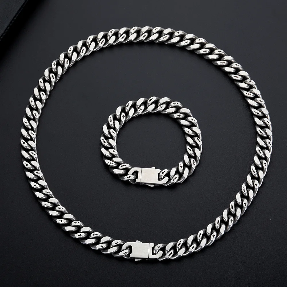 12mm Heavy Matte Brush Men Women Curb Cuban Chain Necklace Vintage Stainless Steel Punk Hiphop Bike Biker Cross Choker Jewelry