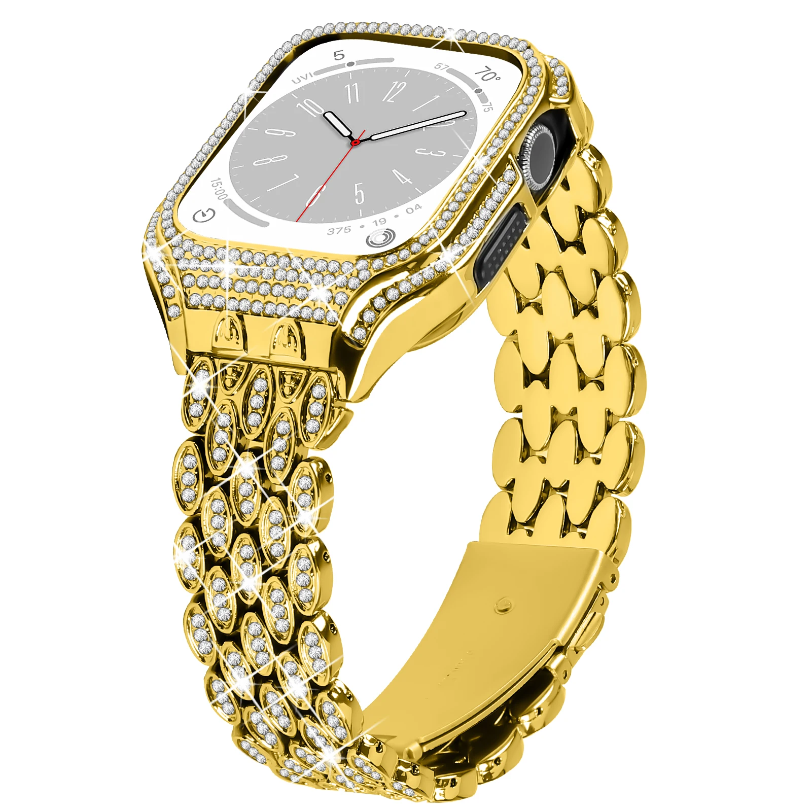 

For Apple Watch Series 8 7 41mm Stainless Steel Watch Band Rhinestone Decor Strap with Protective Case - Gold