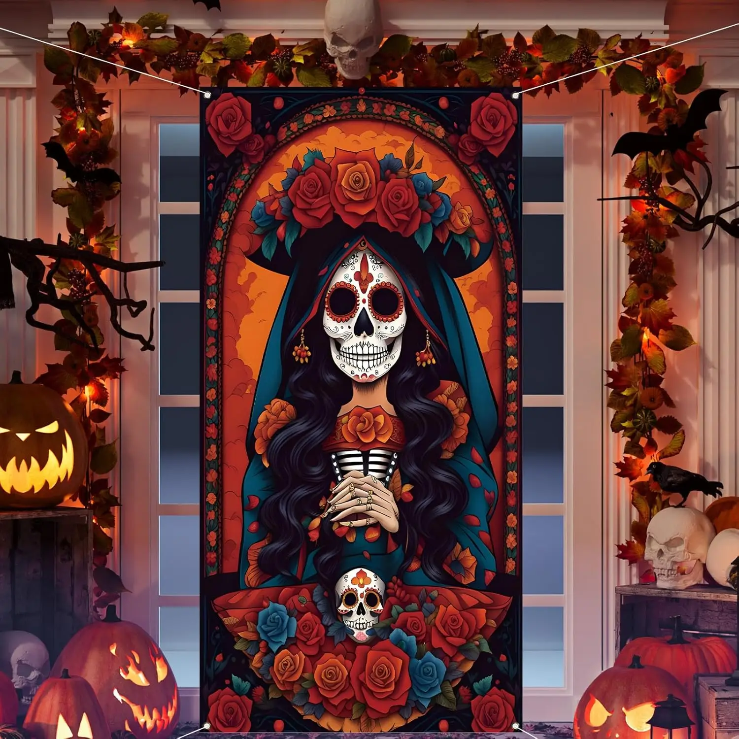 Cubierta De puerta Día De Los Muertos, telón De fondo De Día De Los Muertos, Calavera De azúcar, Altar rosa, Fiesta mexicana, decoraciones y suministros para fiestas