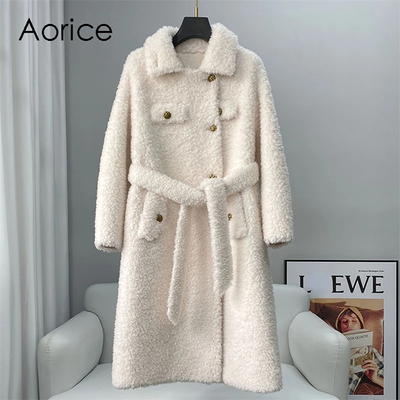 Aorice Women Real Wool Fur Long Coat Jacket Trench Winter Warm Female Sheep Shearing Over Size Parka CT2128