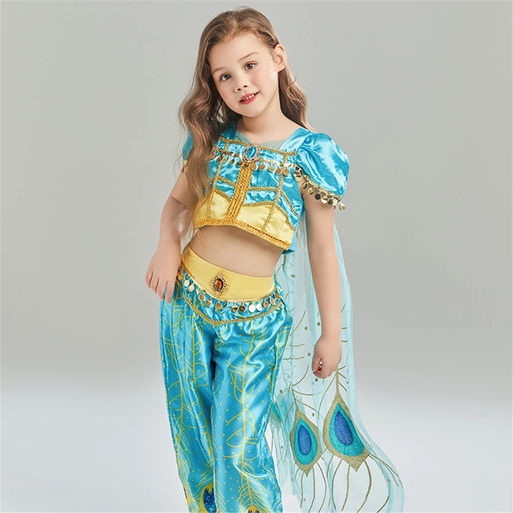 Aladdin Princess Jasmine Cosplay Costume Arab Dancing Performance Dresses Magic Lamp Girl Carnival Dress Up Islamic Clothing Set