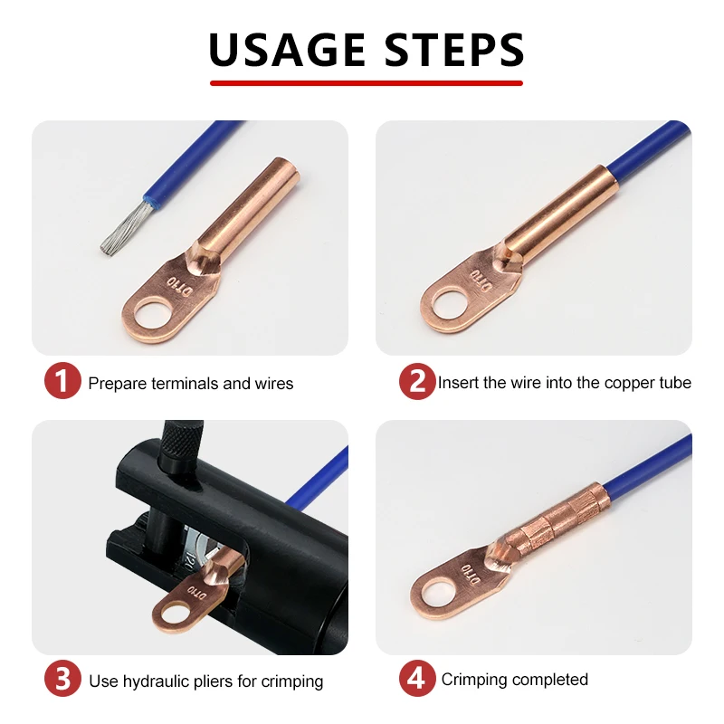 1~30Pcs DT-10 16 25 35 50 Copper Crimp Cable Terminal Tube Wire Connector Non-Insulated Splice Ring Lugs Circular Bolt Hole Nose