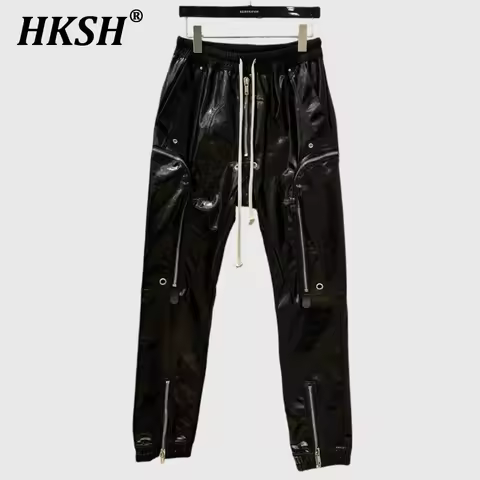 HKSH Dark RO Style High Street Motorcycle Leather Cargo Pants Men Dark Coated Trend Safari Style Overalls Techwear Pocket HK3975
