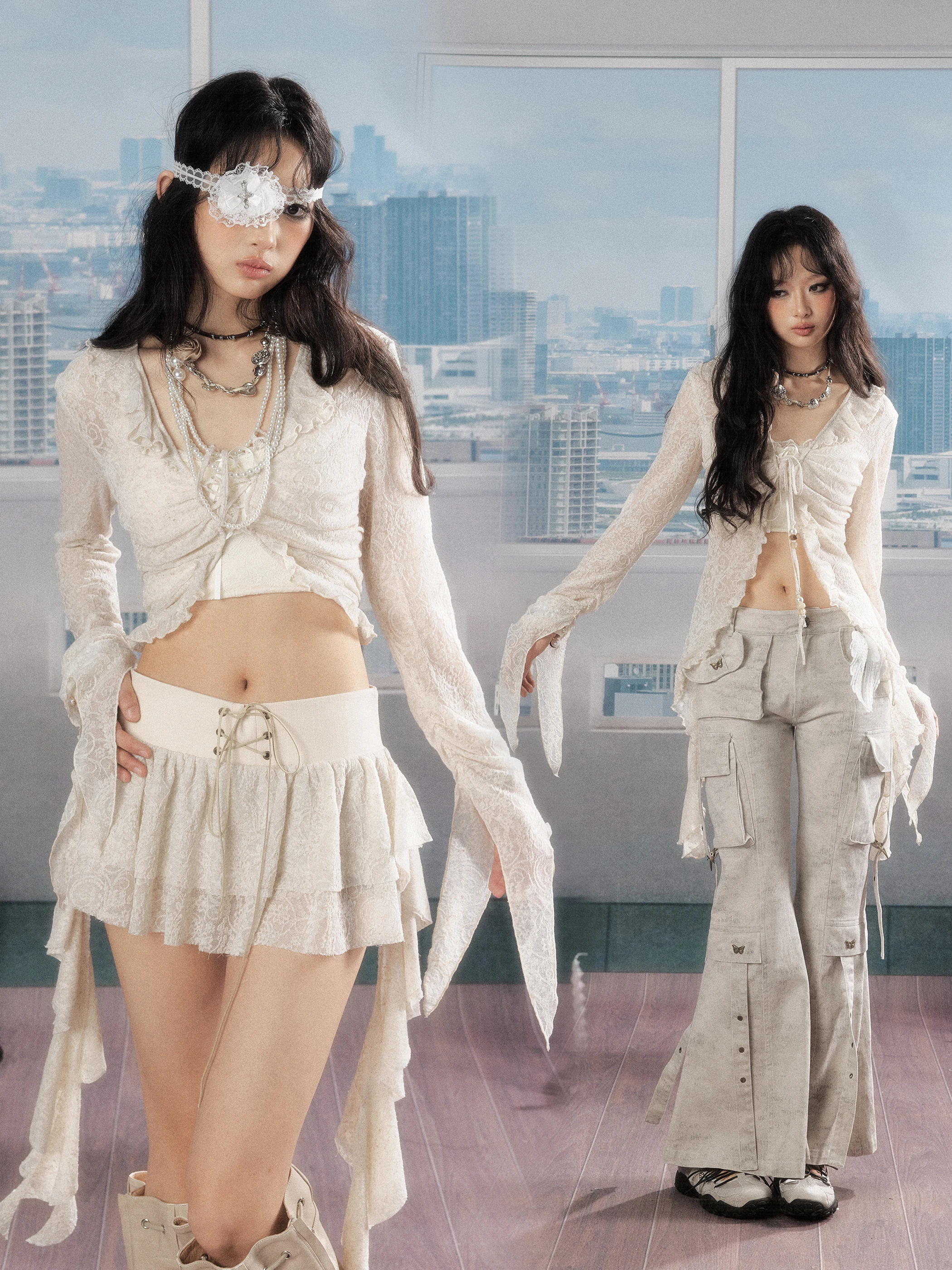 

Retro Style Lace Shirt Open Cardigan Top Women's Outerwear Sun Protection Irregular Hemline Floral Trim Polyester Blend