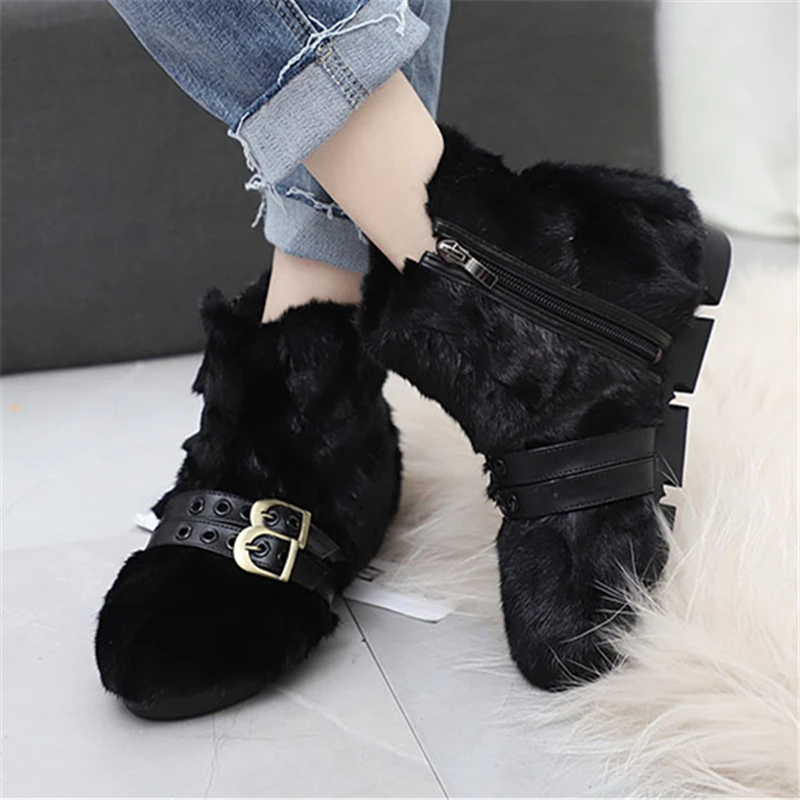 

Fashion Straps Women Ankle Boots Mink Fur Winter Warm Furry Botas Femininas Snow Boot Thick Sole Platform Shoes Creepers Flats