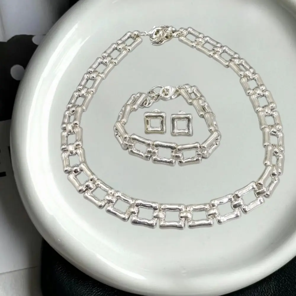2026 Spring Classic Retro Style Gold Silver Square Chain Set Jewelry Three Piece Set Couple Gift