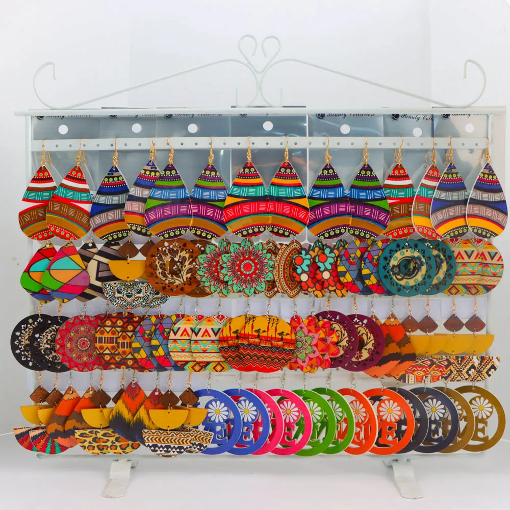 10/20/30/50Pairs/Lot Fashionable Printed Women's Wooden Thread  Bohemian Vintage Hanging Earrings Daily Jewelry Randomly Shipped
