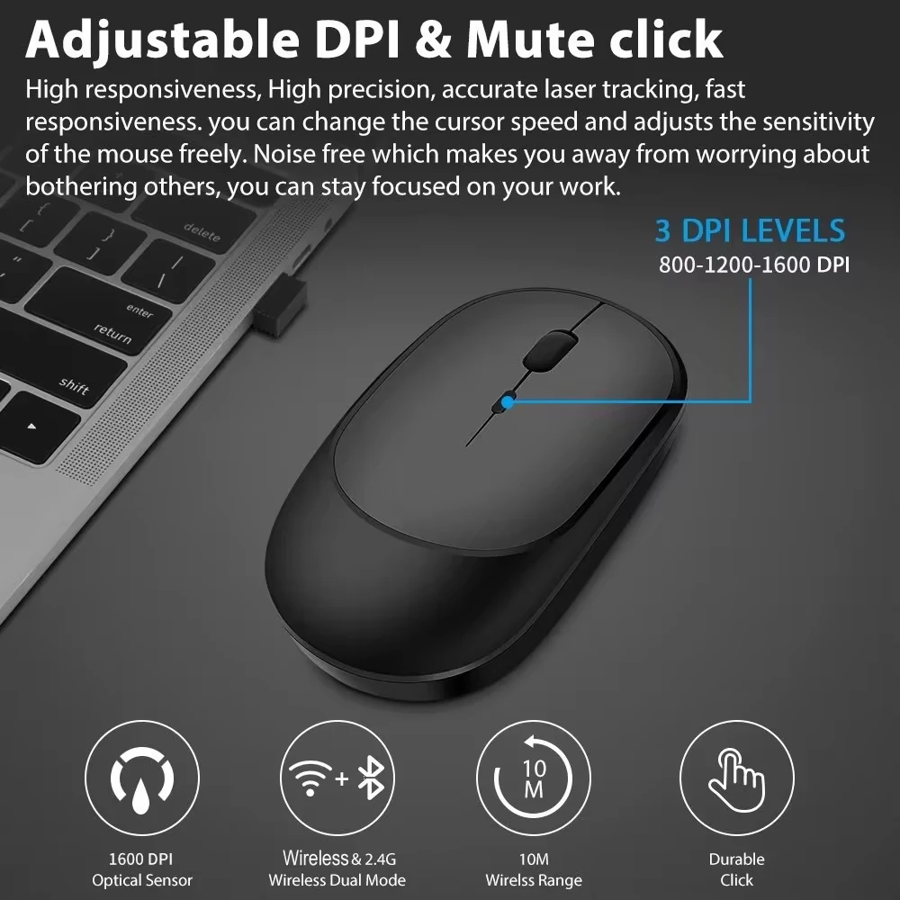 Xiaomi mouse sem fio bluetooth 2.4g ajustável dpi design ergonômico silencioso ratos usb recarregável gaming mouse de escritório