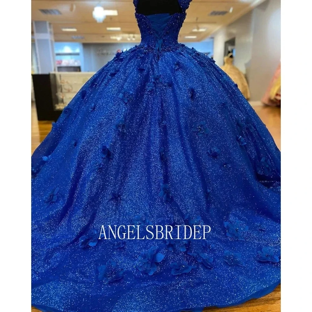 Angelsbridep-Vestido de baile azul royal brilhante para meninas, vestido Quinceanera, manga boné, flor 3D, Sweet 16, vestidos formais para ocasiões