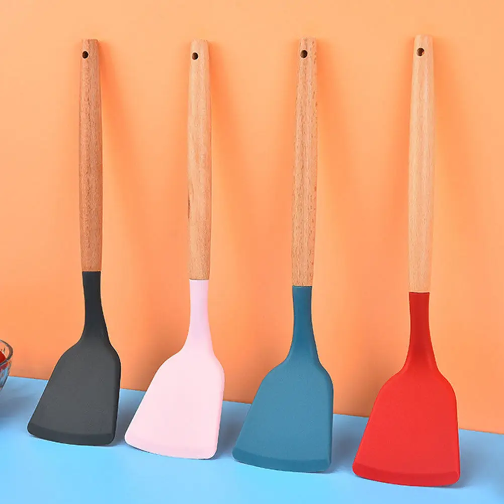 Espátula para Wok de 2 Piezas con Mango de Madera, Utensilio de Cocina de Silicona, Herramienta Antiadherente para Cocinar, Espátula de Silicona