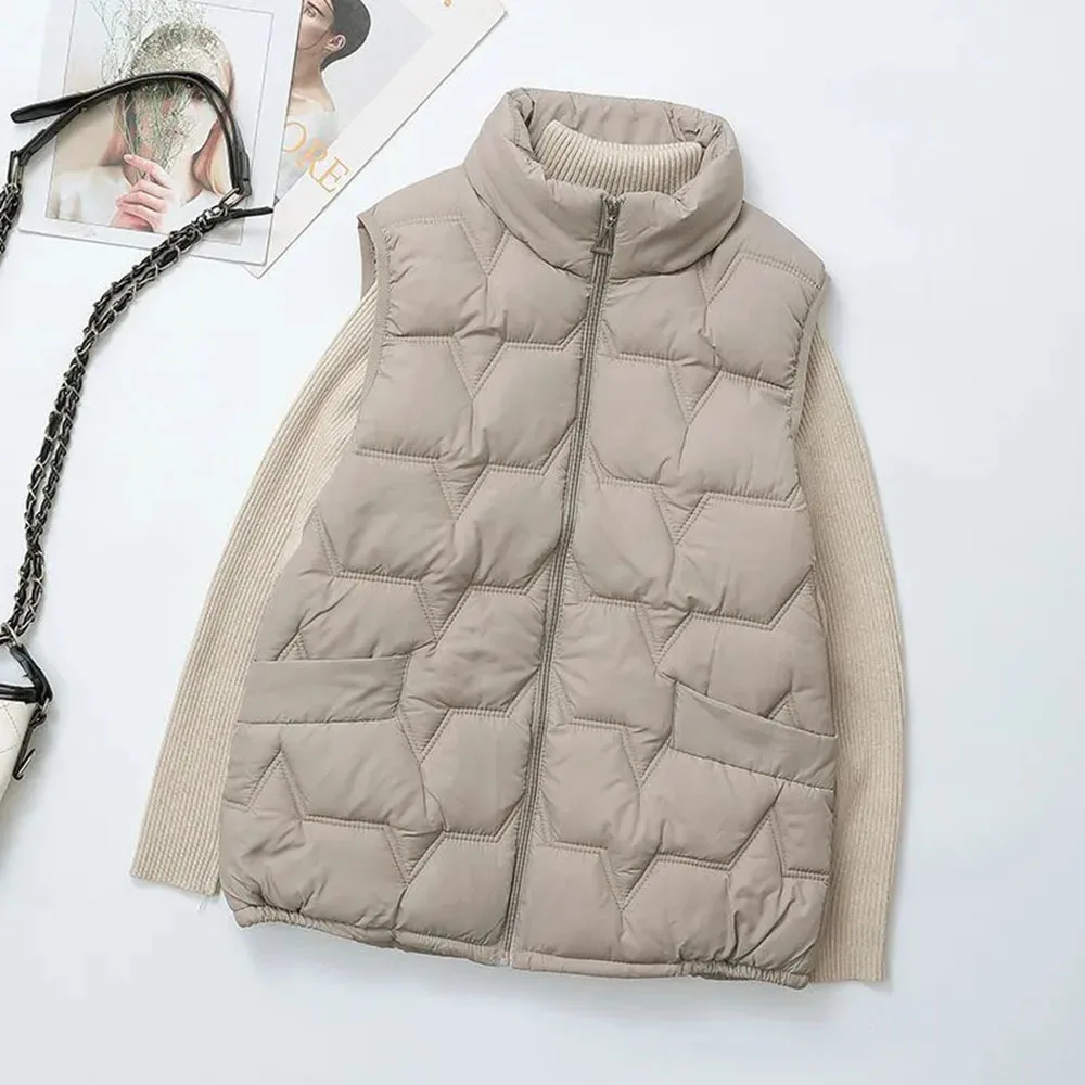 Down Vest Jackets For Women New Autumn Winter Ultra Light Stand Collar Beige Sleeveles Cotton Coat Parka Ladies Warm Waistcoat