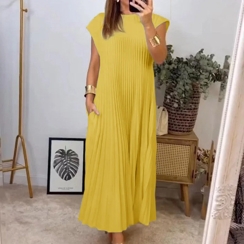 

New Fashion Short Sleeve Long Dress for Women Summer Elegant O Neck Pleated Party Dresses Loose Holiday Beach Dress Robe