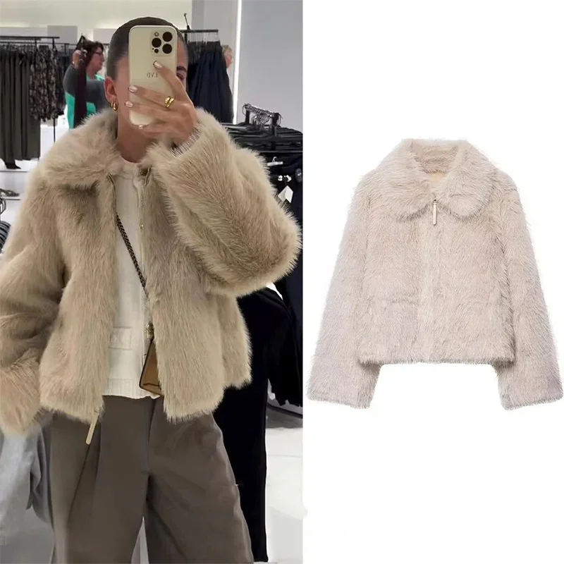 

NERHEFZ Double Faced Women Faux Fur Jacket Autumn Long Sleeve Simple Lapel Collar Women's Short Jacket Fashion Female Coats
